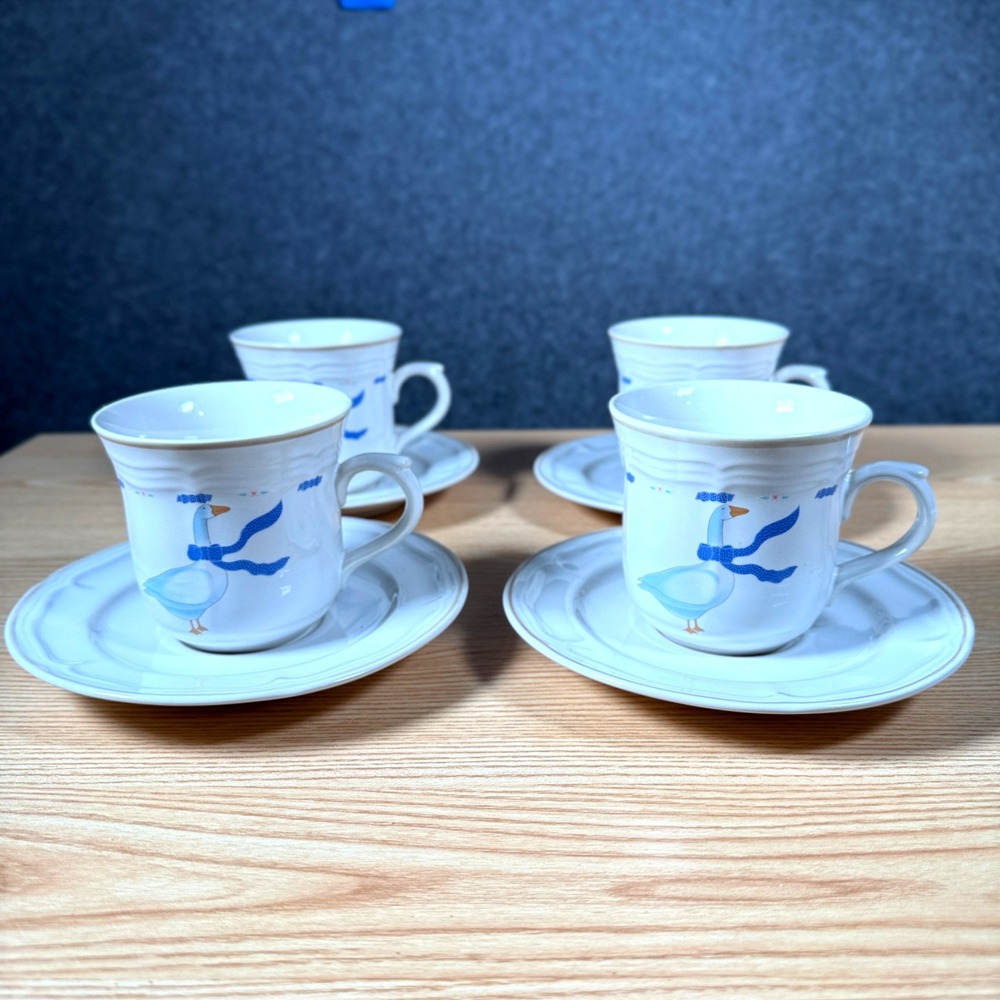 Vintage Newcor Stoneware Country Geese Coffee Cup and Saucer Set of 4 Thailand